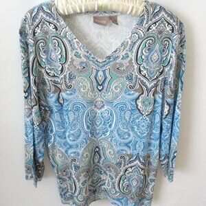 Chico's blue white paisley cotton blend V-neck 3/4 sleeve tee *Sz 2(L)*